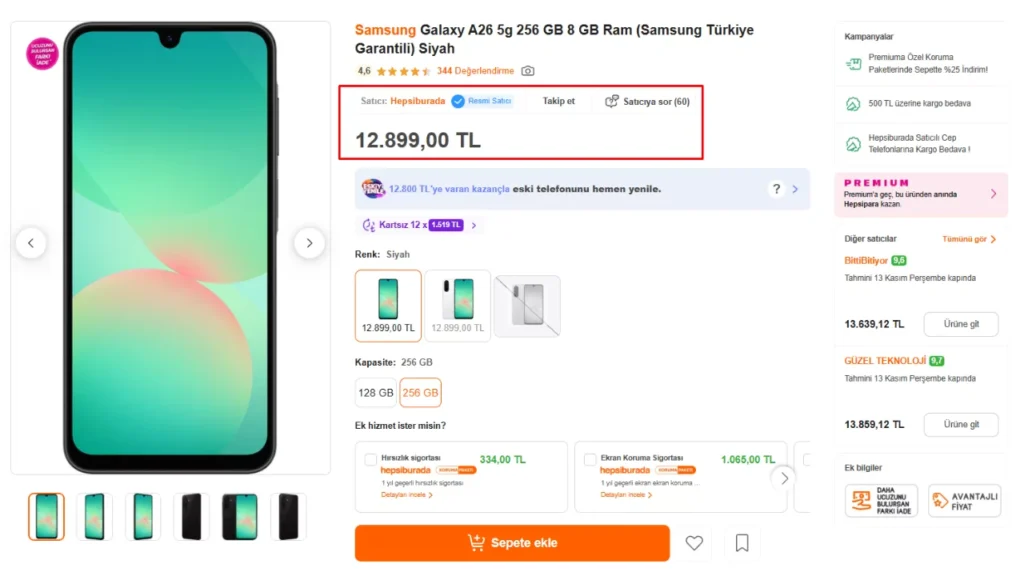 hepsiburada web sitesinde buybox alanını belirten bir görsel